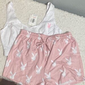 PLAYBOY Women's White Top and Pink Bunny Shorts Set NWT